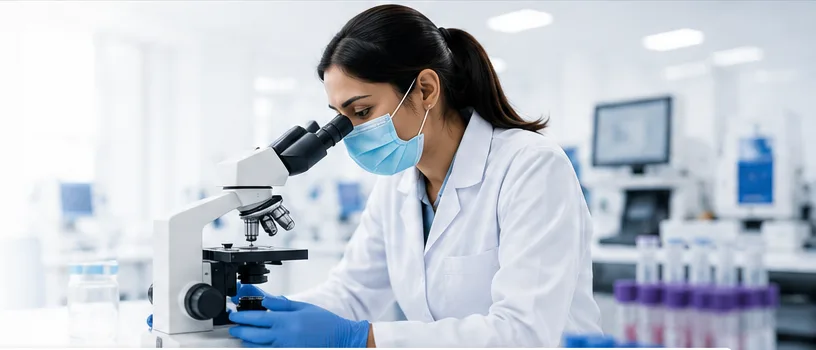 A Quality Care lab technician examining a sample under a microscope